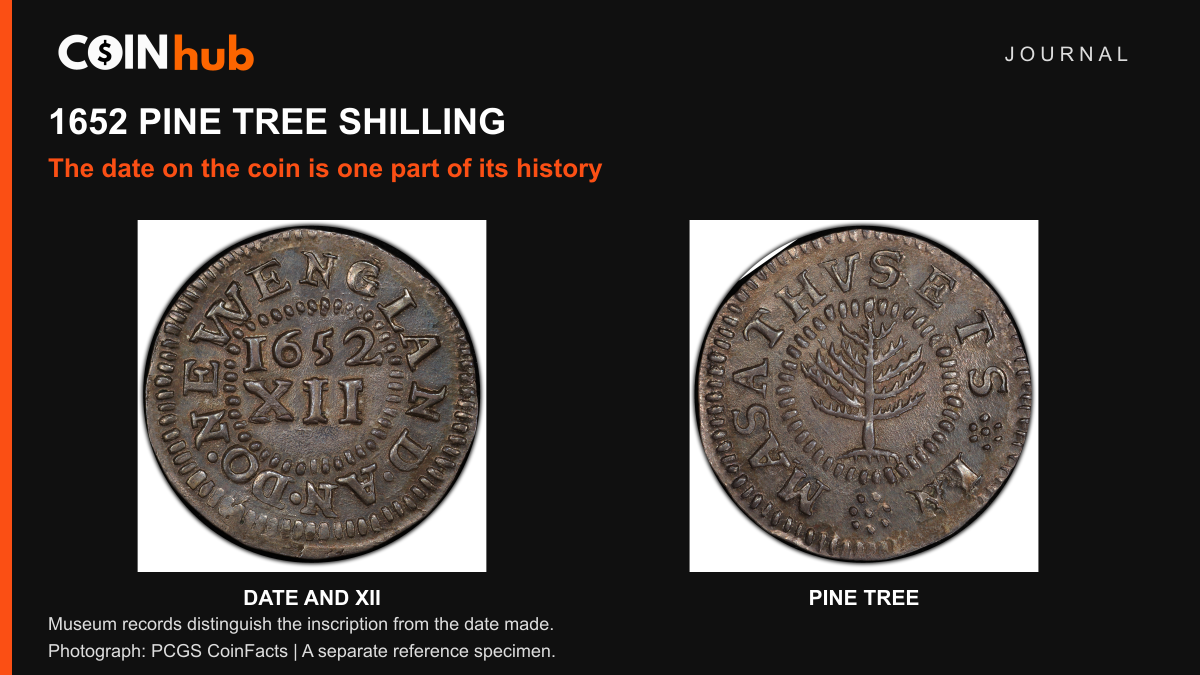 Two faces of a real Small Planchet Pine Tree shilling, with 1652 and XII at left and the tree design at right