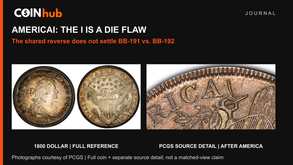 A complete PCGS 1800 AMERICAI dollar photograph beside a separate PCGS close-up of the raised feature after the final A in AMERICA