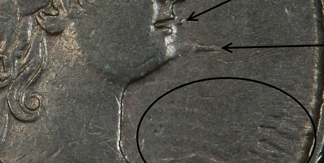 Original PCGS Spiked Chin close-up showing Liberty's profile and source arrows marking the chin area
