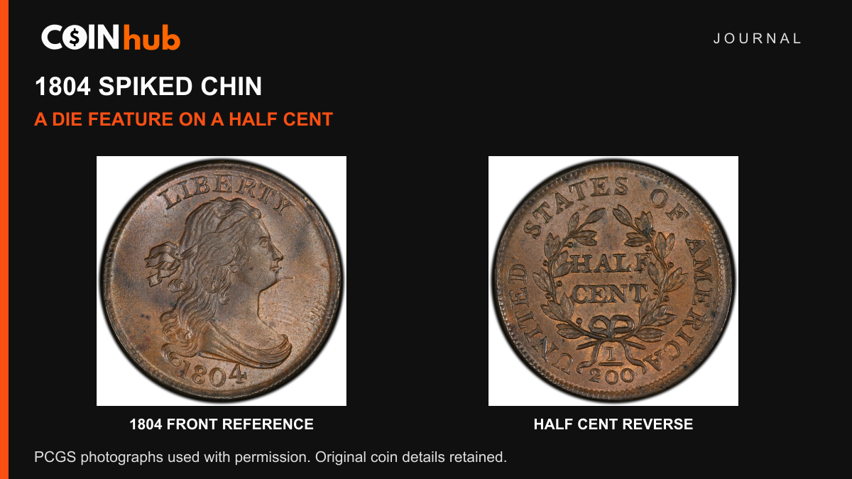 Complete front and back of a genuine 1804 Draped Bust Spiked Chin half cent in a CoinHub Journal layout