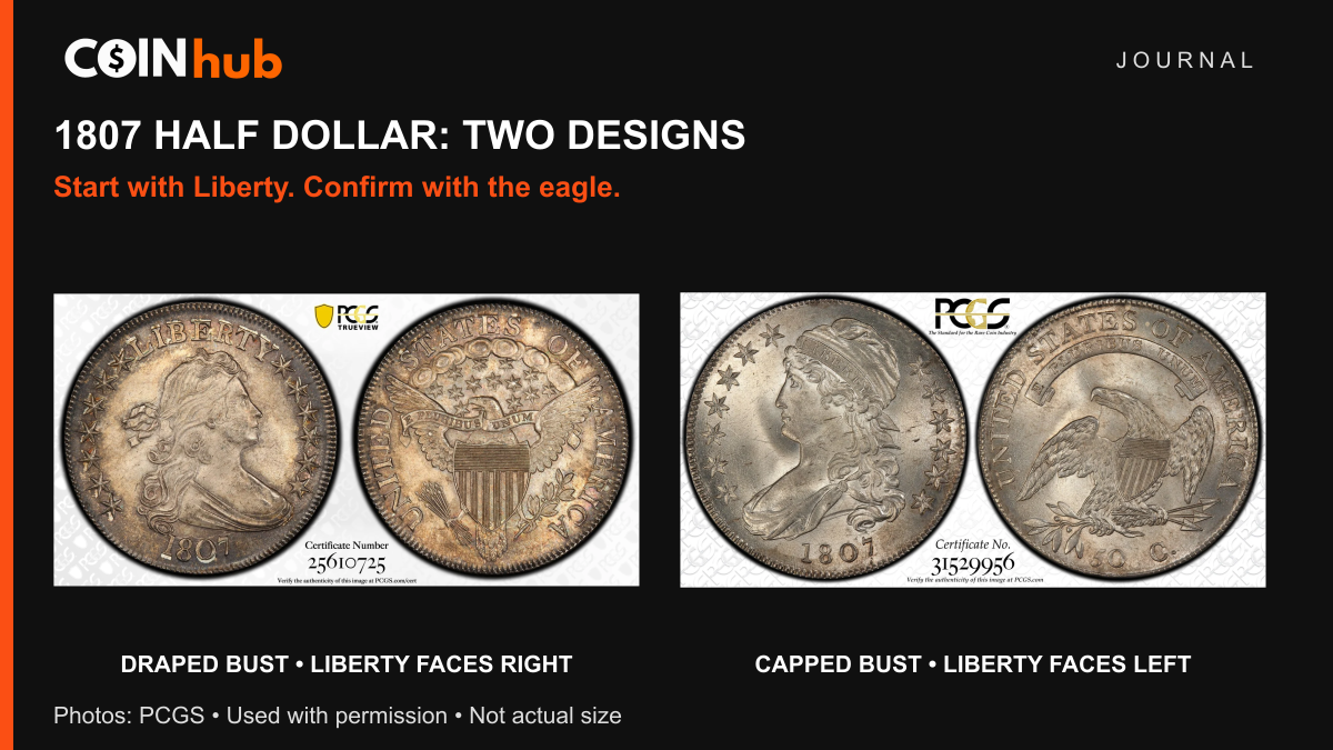 Genuine PCGS photographs of an 1807 Draped Bust half dollar at left and 1807 Large Stars Capped Bust half dollar at right, each showing both sides.