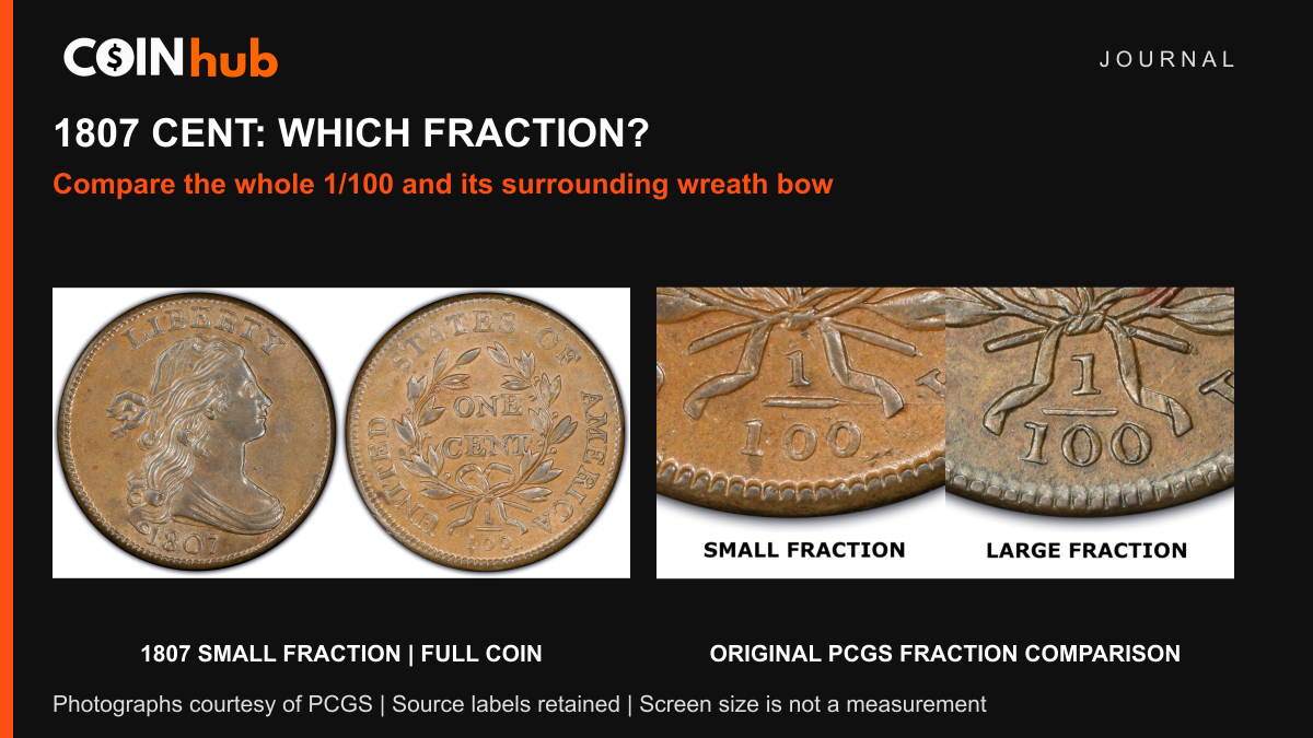 Full 1807 Small Fraction cent beside PCGS’s labeled Small Fraction and Large Fraction reverse comparison