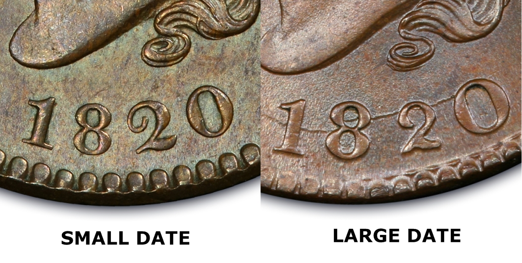 PCGS real-coin comparison of 1820 Small Date at left and Large Date at right, with original labels