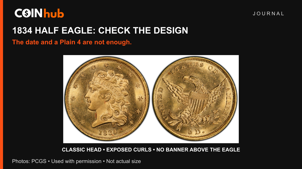 Both sides of a genuine 1834 Classic Head five-dollar gold half eagle photographed by PCGS, showing exposed curls and no banner above the eagle.
