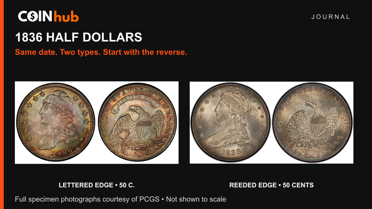 Original PCGS photographs of 1836 lettered-edge and reeded-edge half dollars, showing their different reverse denominations.