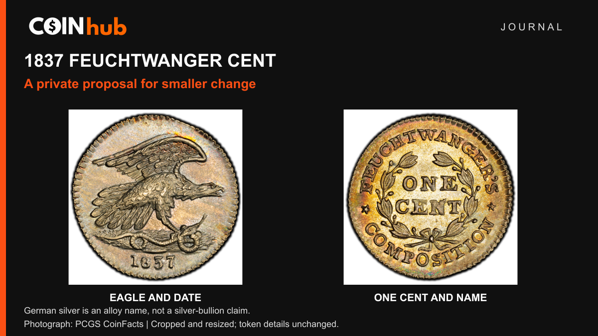 Both faces of a real 1837 Feuchtwanger one-cent token, with eagle and snake at left and composition legend around a wreath at right