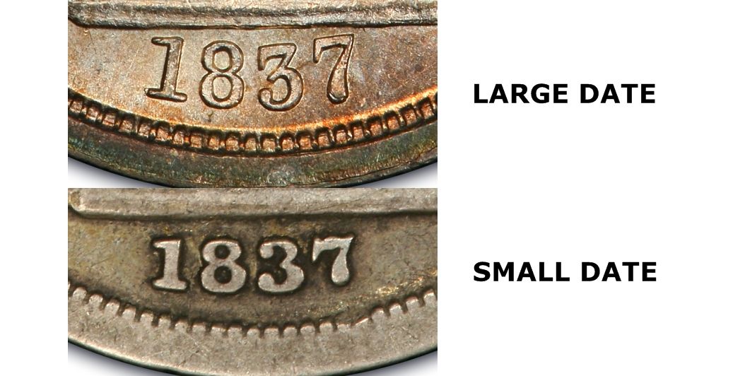 Original PCGS photograph comparing the 1837 dime Large Date above with Small Date below.
