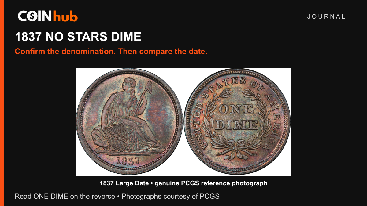 Genuine 1837 Large Date No Stars dime, obverse and ONE DIME reverse, photographed by PCGS in a CoinHub Journal layout.