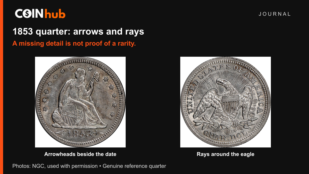 Genuine NGC-photographed1853quarter with arrowheads beside the date and rays around the reverse eagle