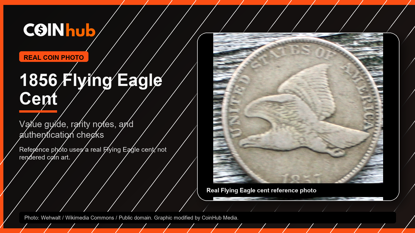 CoinHub 1856 Flying Eagle cent value guide graphic using a real 1857 Flying Eagle cent reference photo