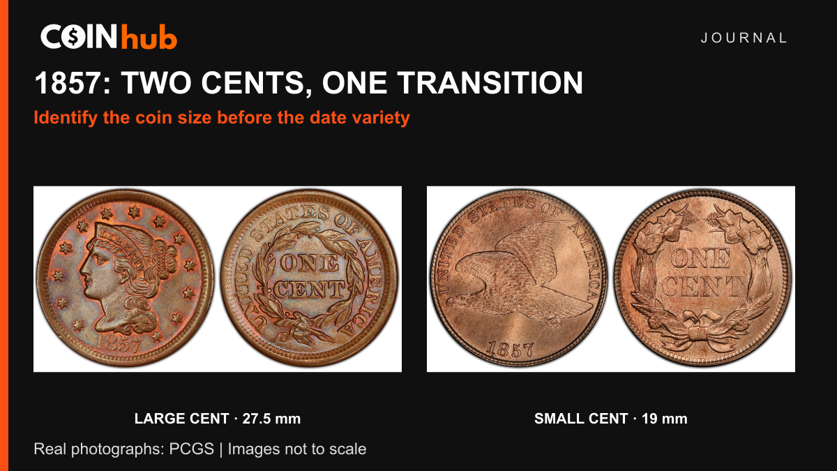 Real PCGS photographs of an 1857 Braided Hair large cent and an 1857 Flying Eagle small cent; images not to scale.