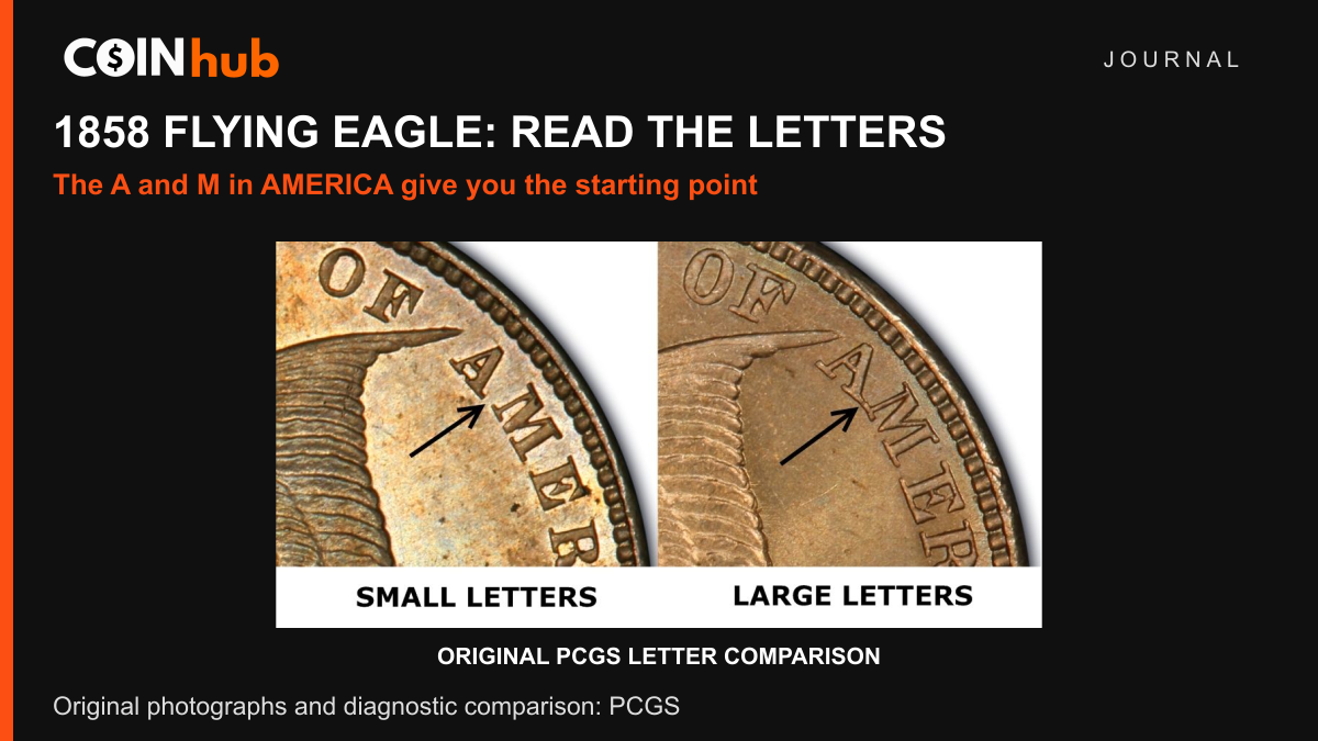 PCGS photographic comparison of 1858 Flying Eagle cent obverses, showing separated AM bases on Small Letters and joined bases on Large Letters.