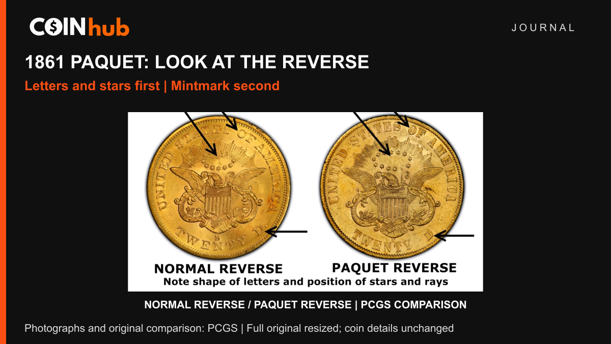 Complete PCGS comparison of normal and Paquet 1861-S double eagle reverses, with original arrows at the lettering and star groups