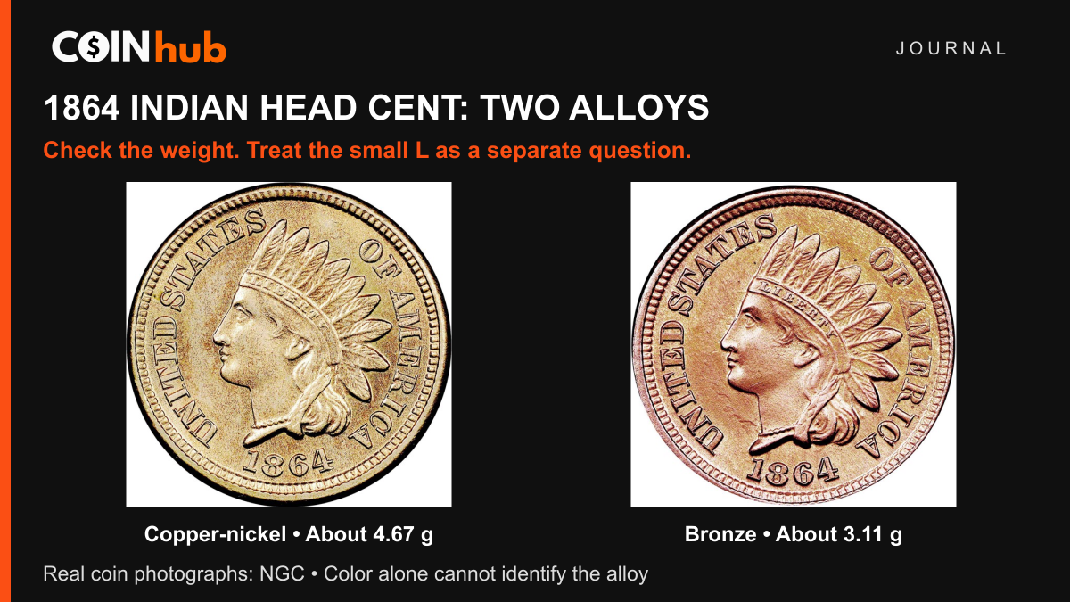 Real NGC photographs of 1864 copper-nickel and bronze Indian Head cent obverses side by side, labeled by alloy in a CoinHub Journal graphic.