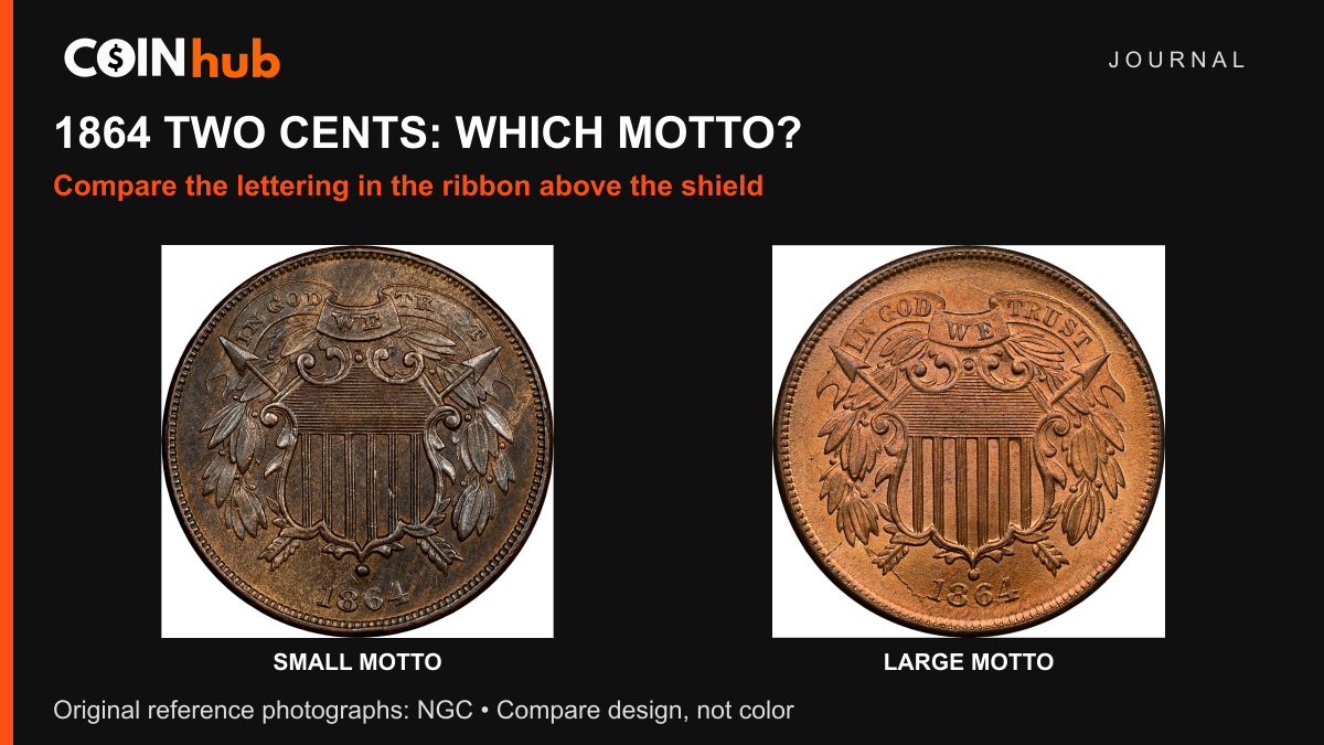 NGC obverse photographs of 1864 two-cent pieces: Small Motto at left and Large Motto at right.
