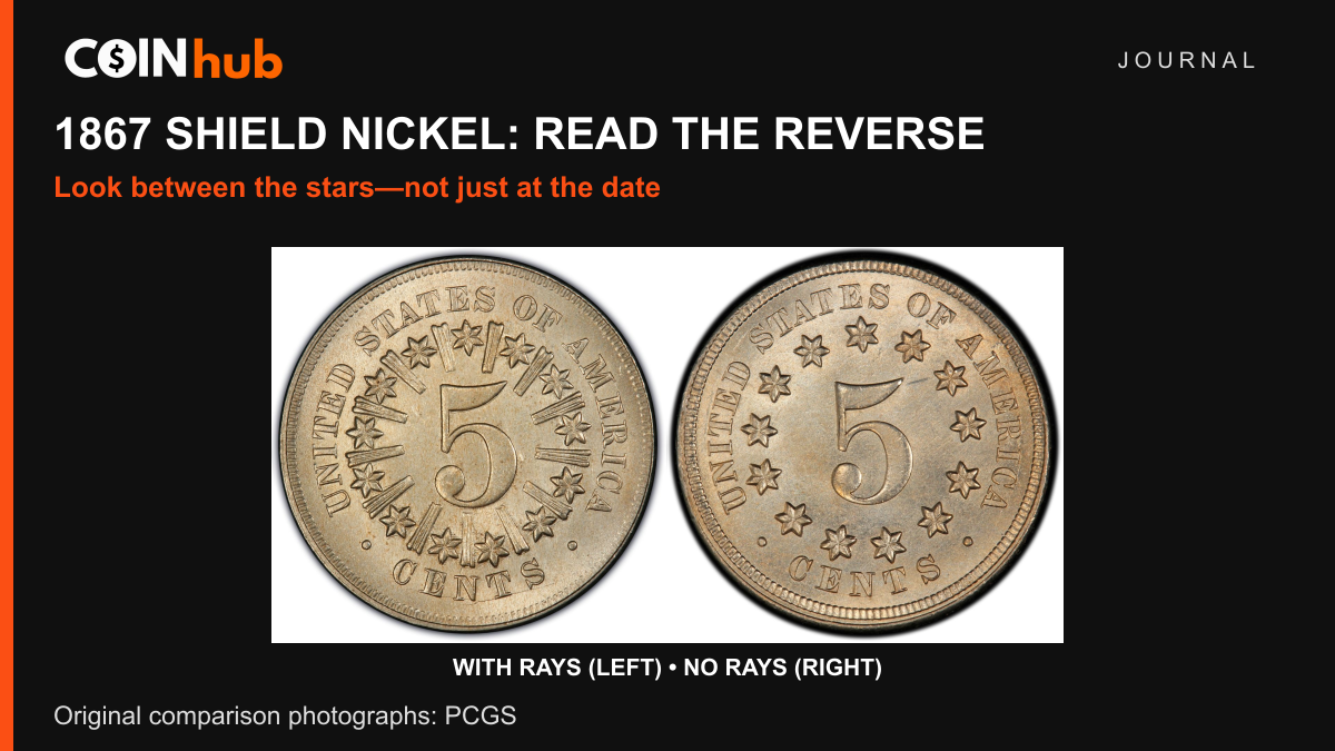 PCGS comparison of Shield nickel reverses: rays between stars on the left and open spaces between stars on the right.