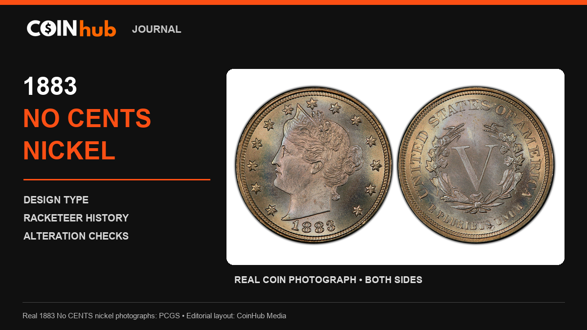 Real PCGS photograph of the obverse and No CENTS reverse of an 1883 Liberty Head nickel in a CoinHub Journal guide graphic.