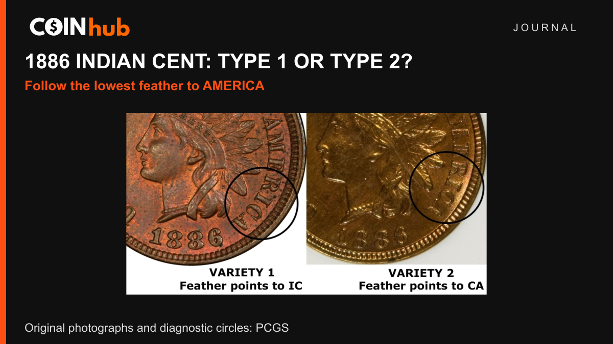 PCGS comparison photographs showing the lowest feather of an 1886 Type 1 Indian Head cent between I and C, and Type 2 between C and final A in AMERICA.