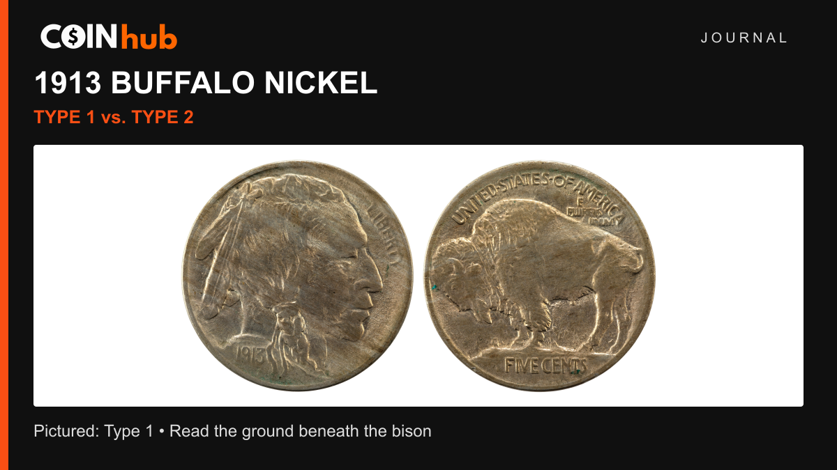 Real 1913 Type 1 Buffalo nickel obverse and reverse photographed by the National Numismatic Collection, showing FIVE CENTS on the raised mound.