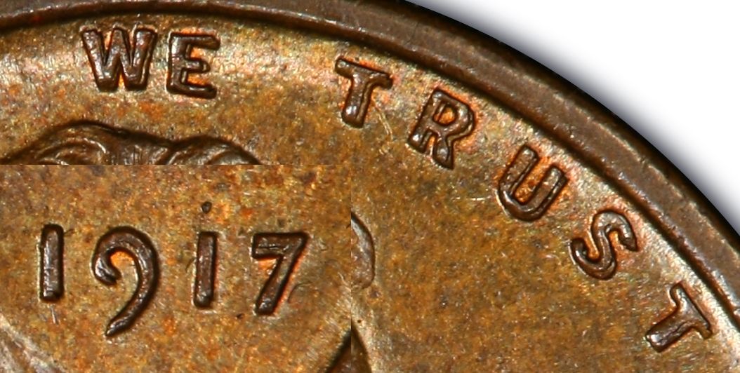 PCGS close reference of doubling on the 1917 cent date and WE TRUST lettering
