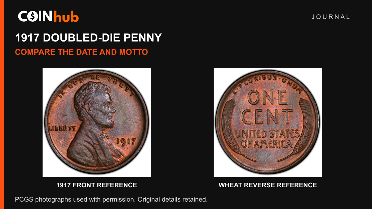Complete front and back of a genuine 1917 doubled-die Lincoln cent in CoinHub Journal artwork