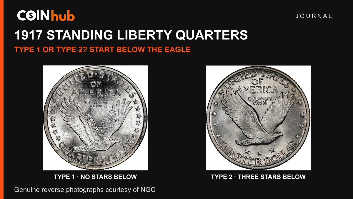 NGC photographs of genuine 1917 Standing Liberty quarter reverses: Type 1 at left without stars below the eagle, and Type 2 at right with three stars beneath it.