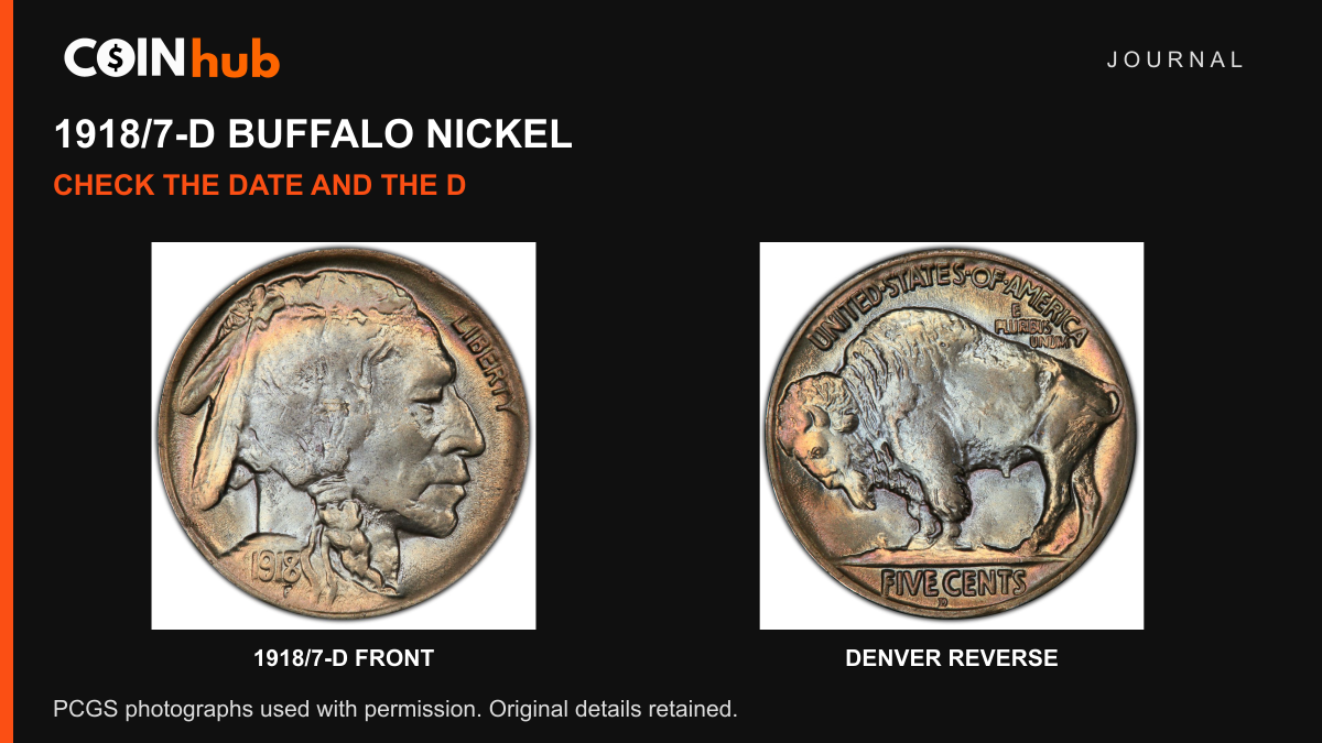 Complete front and reverse of a genuine 1918 over 7 Denver Buffalo nickel photographed by PCGS
