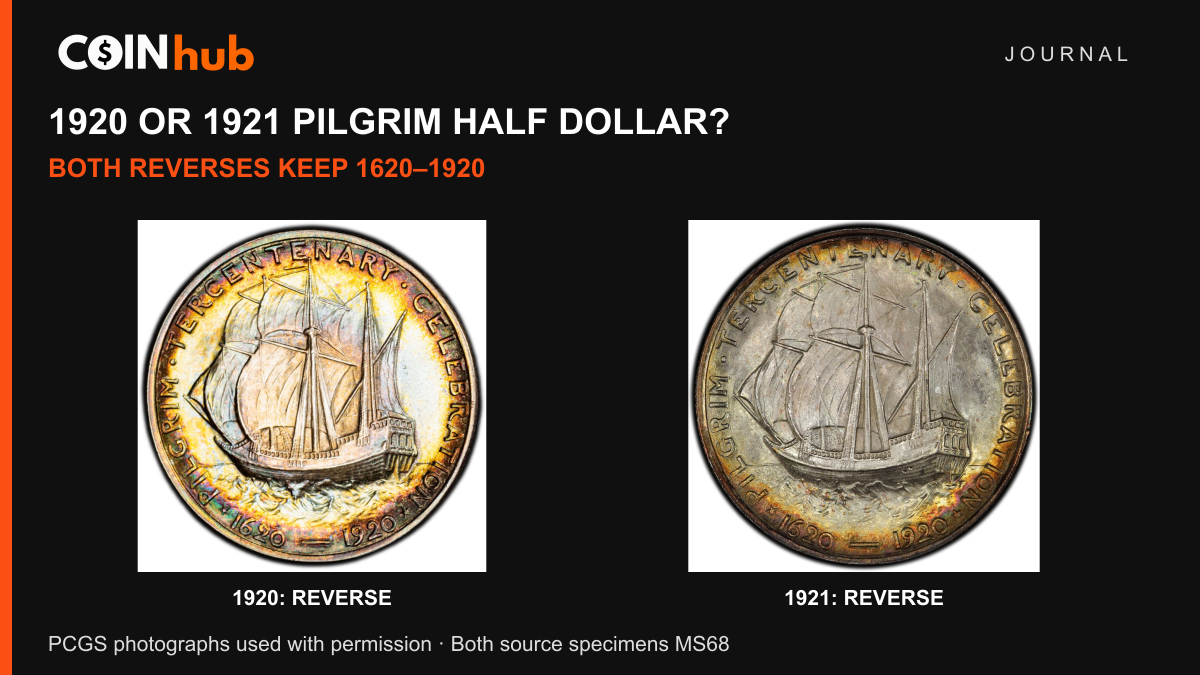 Full reverses of the PCGS 1920 and 1921 Pilgrim reference coins, both showing the Mayflower and 1620–1920