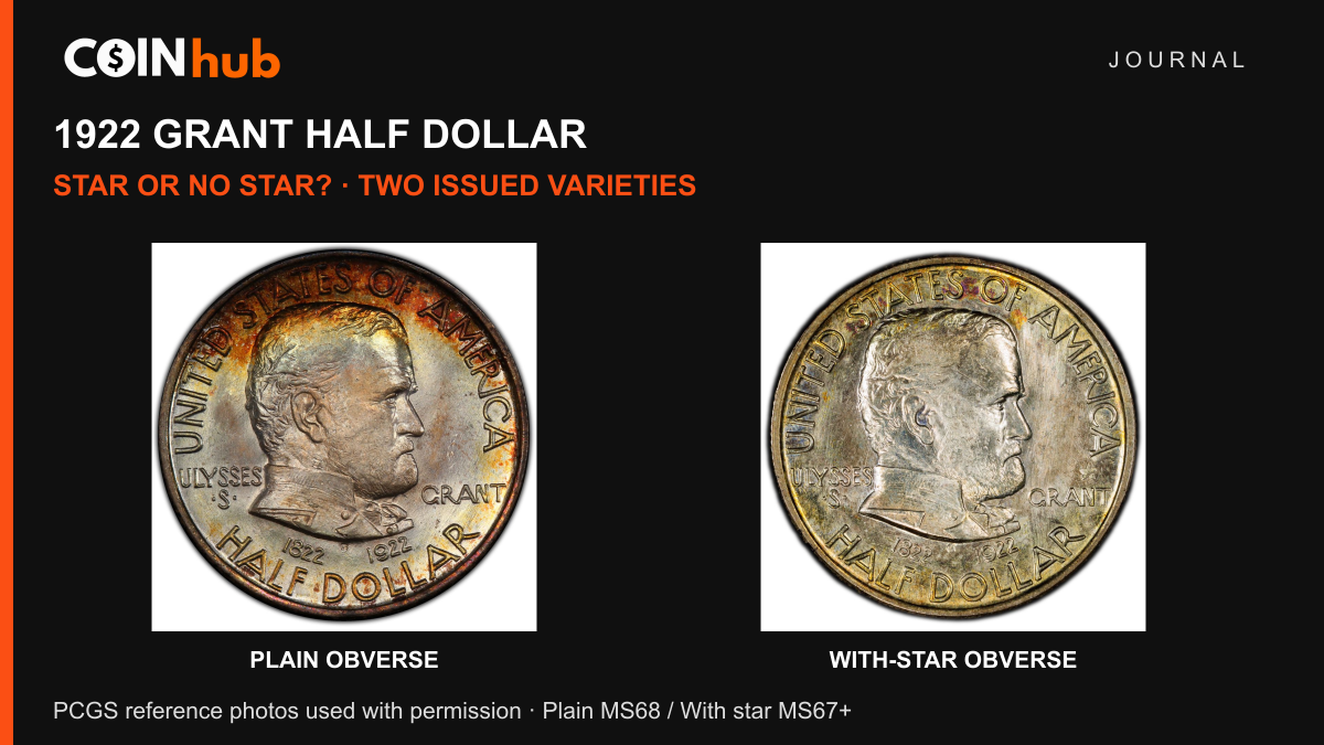 Genuine 1922 Grant half-dollar obverses: the plain PCGS MS68 reference at left and the recessed-star PCGS MS67+ reference at right
