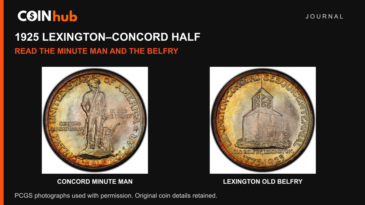 Complete front and back of a genuine 1925 Lexington–Concord half dollar photographed by PCGS