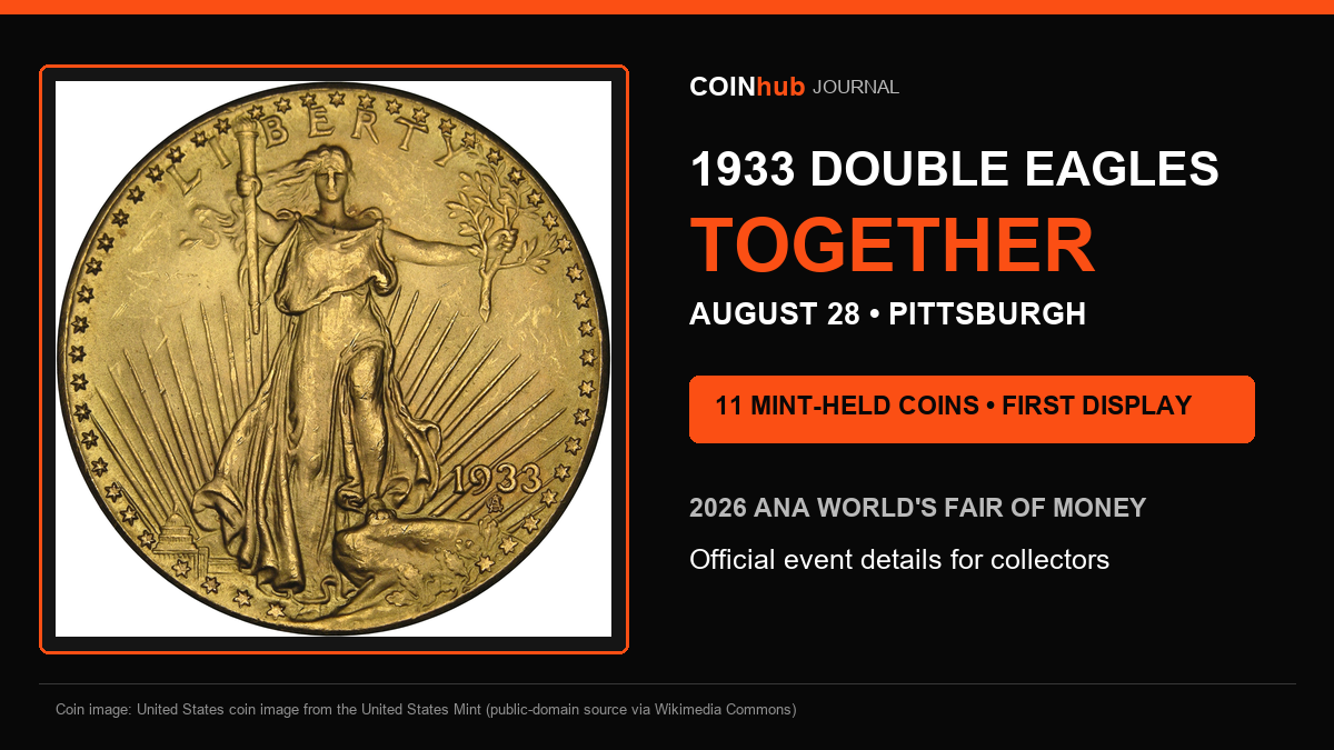 Real 1933 Double Eagle obverse in a CoinHub graphic announcing the August 28, 2026 ANA display in Pittsburgh