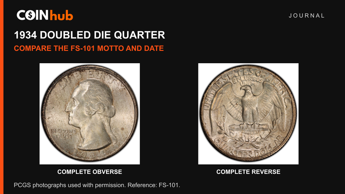 Complete obverse and reverse of a genuine 1934 doubled die FS-101 Washington quarter photographed by PCGS