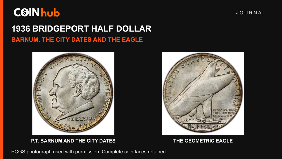 Complete Barnum portrait and Art Deco eagle faces of a genuine 1936 Bridgeport commemorative half dollar