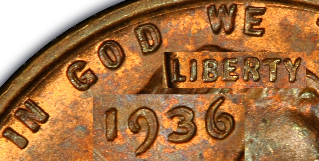 Original PCGS illustration showing doubled detail in the motto, LIBERTY and date of the 1936 Type 1 cent