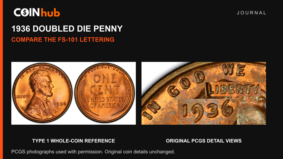 PCGS whole-coin photograph and original diagnostic illustration of the 1936 Type 1 doubled die Lincoln cent
