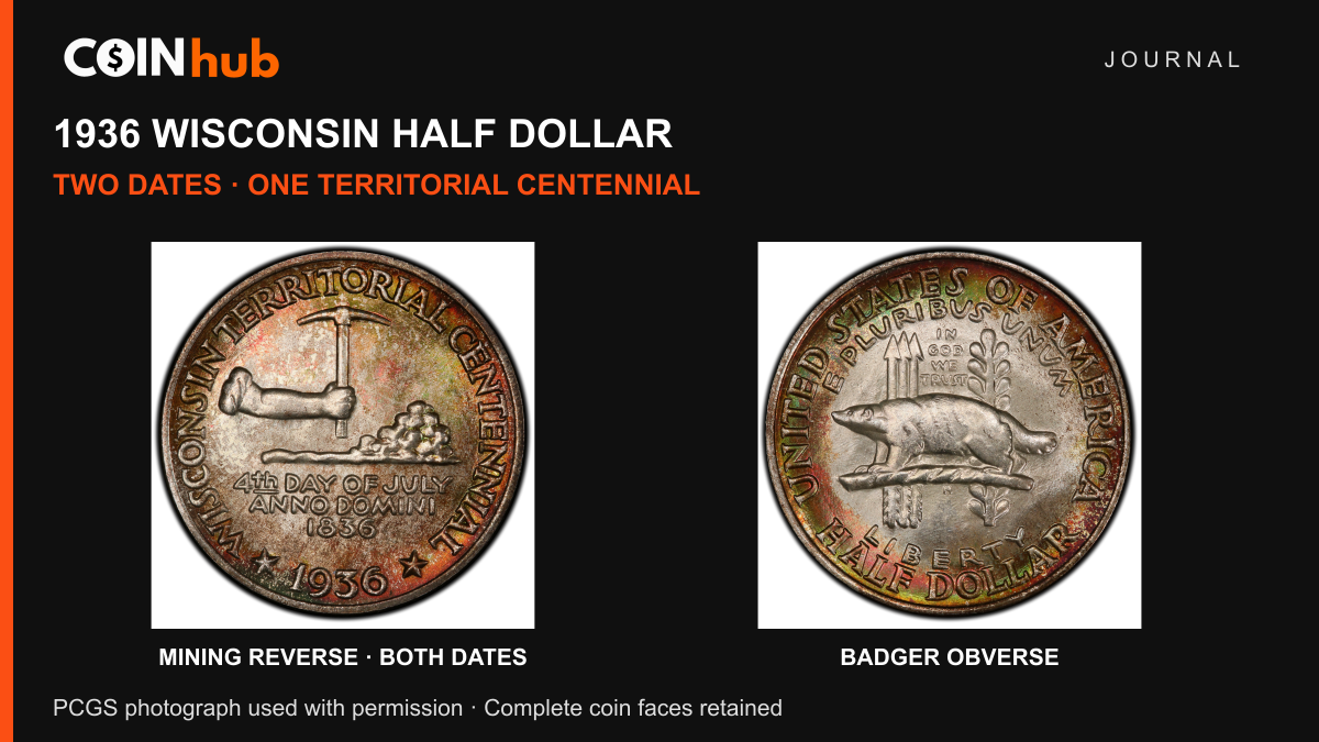 Genuine Wisconsin half dollar showing the 1936 and 1836 mining reverse at left and the badger obverse at right