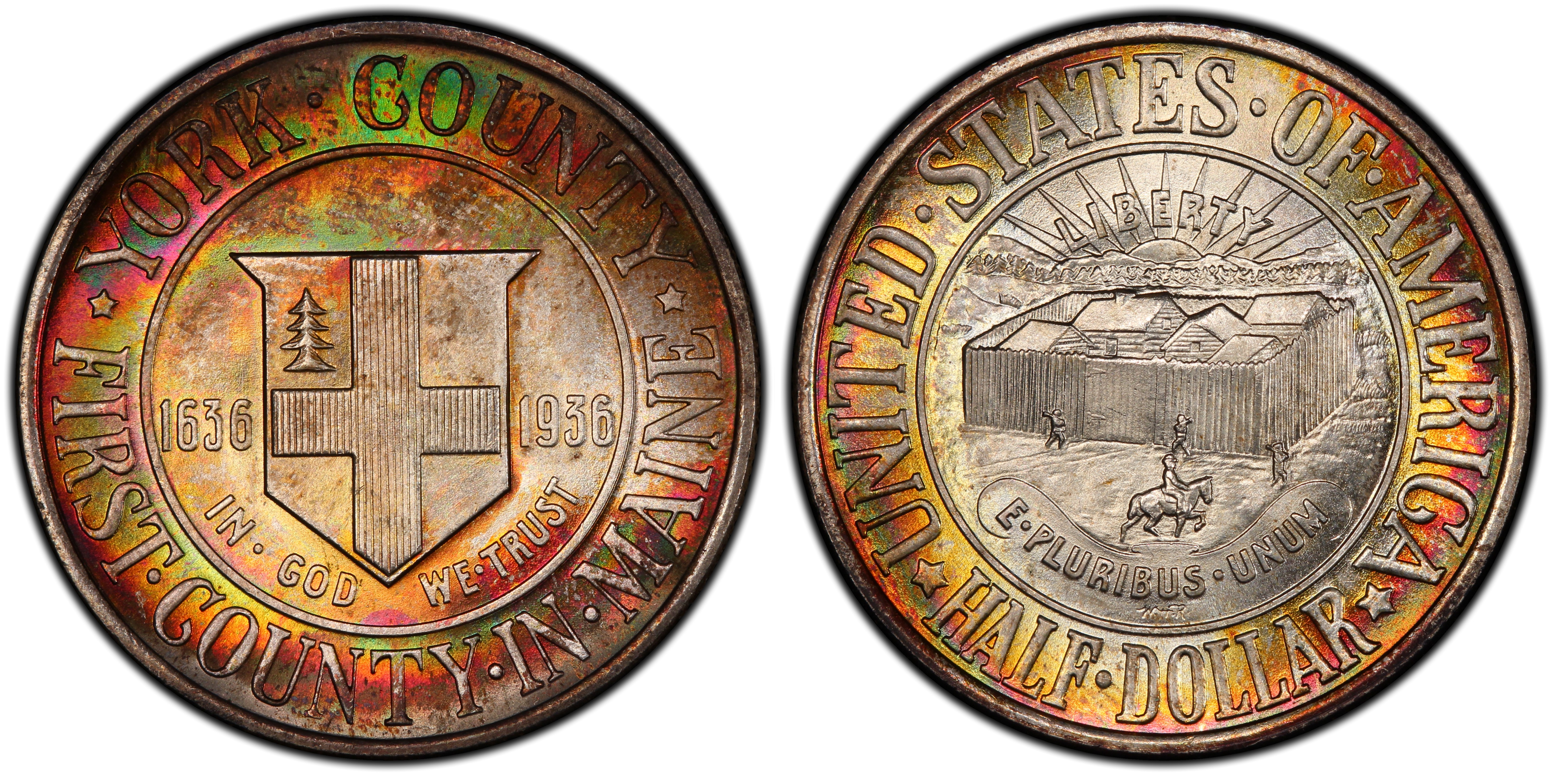Genuine 1936 York half dollar with the county-seal reverse at left and stockade obverse at right