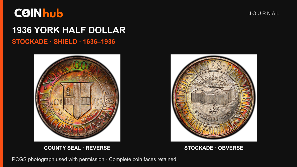 Genuine 1936 York half dollar showing county-seal reverse at left and stockade obverse at right