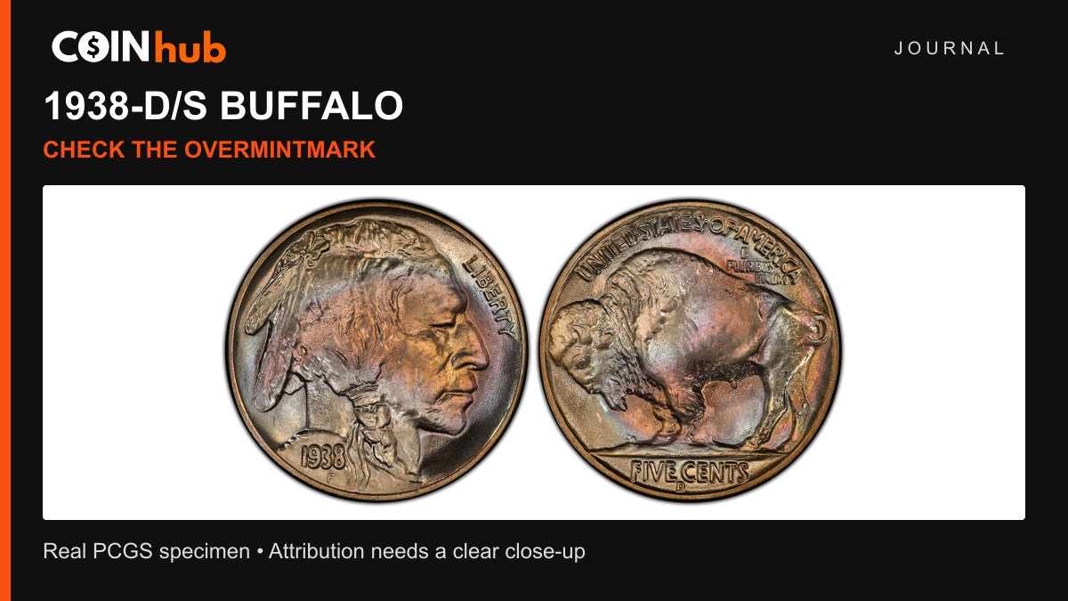 Real PCGS photograph of a 1938-D/S Buffalo nickel, obverse and reverse, in a CoinHub Journal overmintmark identification graphic.