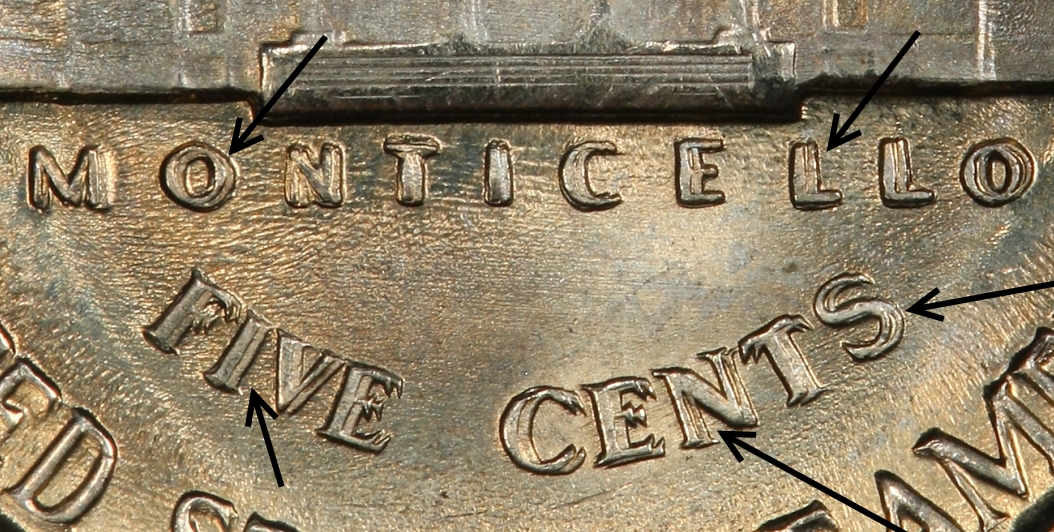 Original PCGS reverse-detail photograph with arrows showing doubled outlines in MONTICELLO and FIVE CENTS