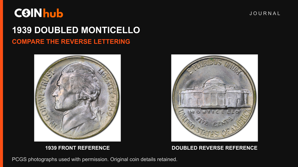 Complete front and back of a genuine 1939 Doubled Monticello Jefferson nickel in a CoinHub Journal layout