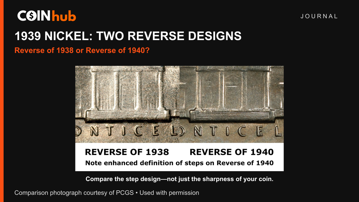 PCGS photographic comparison of Monticello step details for the Reverse of 1938 and Reverse of 1940, with original labels and separate CoinHub branding.