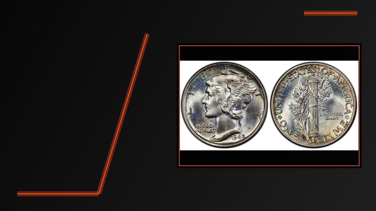 Documented PCGS obverse and reverse photos of a 1942/1 Mercury dime, framed in black with CoinHub orange accents