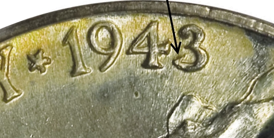 Original PCGS close-up of the 1943/2-P nickel date, with the source arrow pointing to overdate detail at the final 3