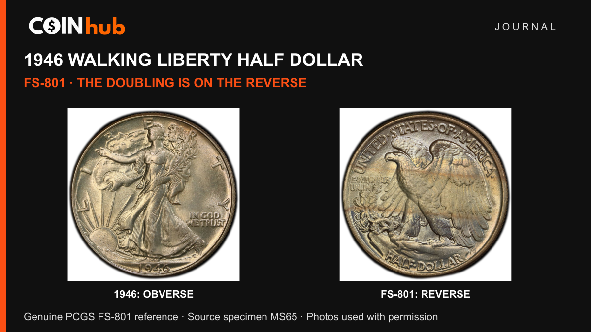 Both faces of a genuine PCGS 1946 FS-801 doubled die reverse Walking Liberty half dollar, with date and reverse labels