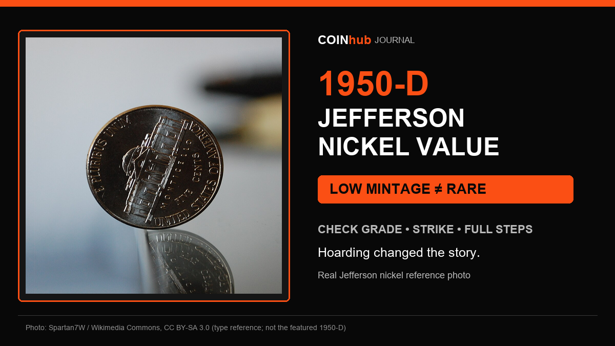 Real Jefferson nickel reference photo beside CoinHub text explaining the 1950-D key date, hoarding, grade and Full Steps