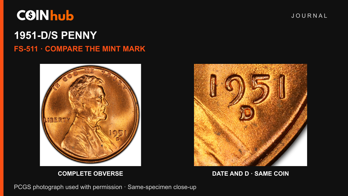 Genuine 1951-D/S FS-511 Lincoln cent obverse and an identified date-and-mint-mark close-up of the same PCGS specimen