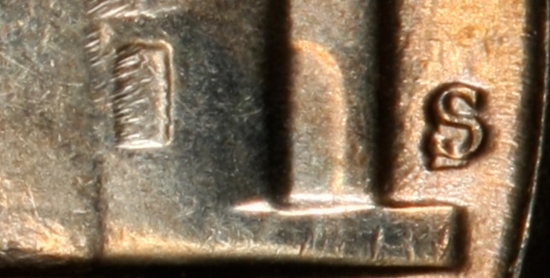 Independent PCGS close-up of a 1954-S-over-D Jefferson nickel mint mark beside Monticello