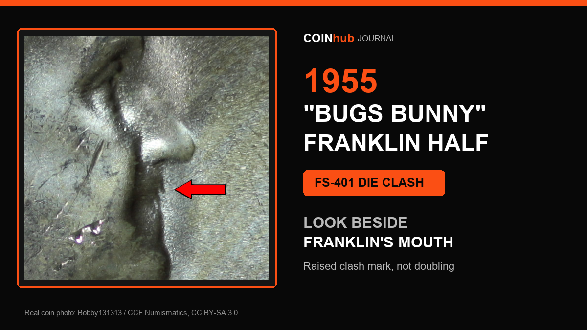 Close-up real coin photograph showing the die-clash spike beside Franklin's mouth on a 1955 Bugs Bunny Franklin half dollar