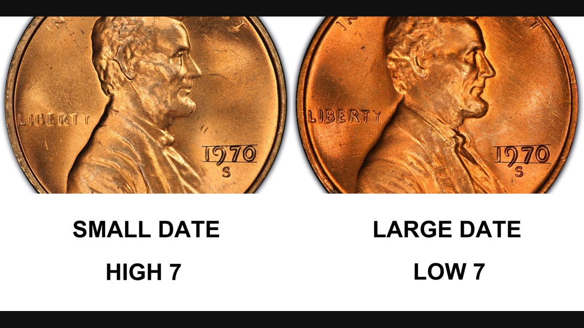 Documented PCGS CoinFacts photograph of a 1970-S Small Date Lincoln cent with an on-page Small Date and Large Date comparison